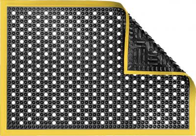 ESD Anti-Fatigue Floor Mat with Holes & 5 cm Yellow Bevel | Nitrile Conductive ESD | Black | 90 x 300 cm | Grounding Cord + Snap (15')